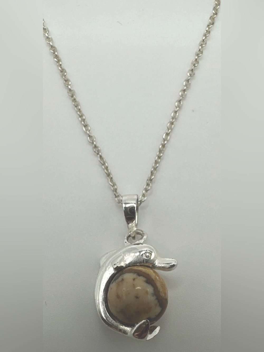 Sterling Silver 925 Dolphin Granite Jasper Ball Pendant Necklace 19" Sea Life